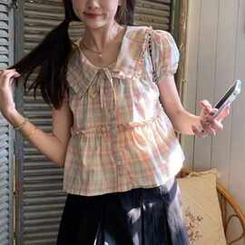 学院风格纹短袖娃娃领衬衫女2026夏季设计感小众甜美宽松显瘦上衣