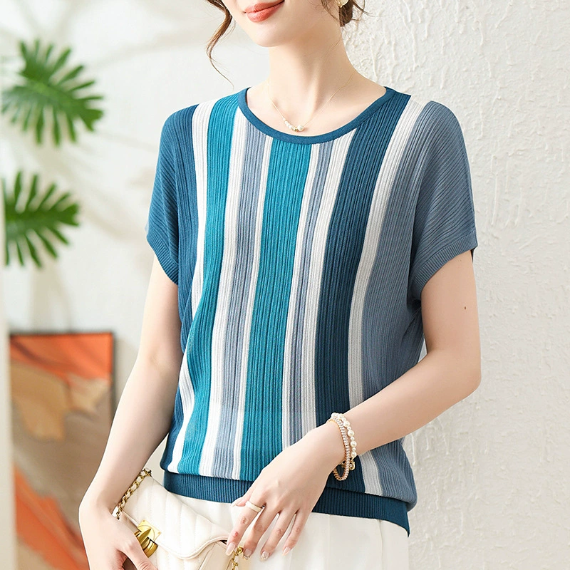 Летний пуловер, модная стильная футболка с круглым вырезом, тонкая новая полосатая рубашка с короткими рукавами, повседневная мода, новый стиль