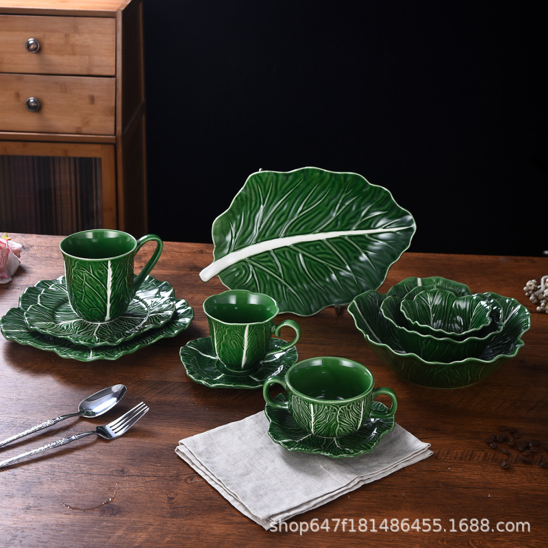 French-style embossed dinnerware set, home-use cabbage-themed green-glazed ceramic plates, hotel tableware, hot and cold dish plates