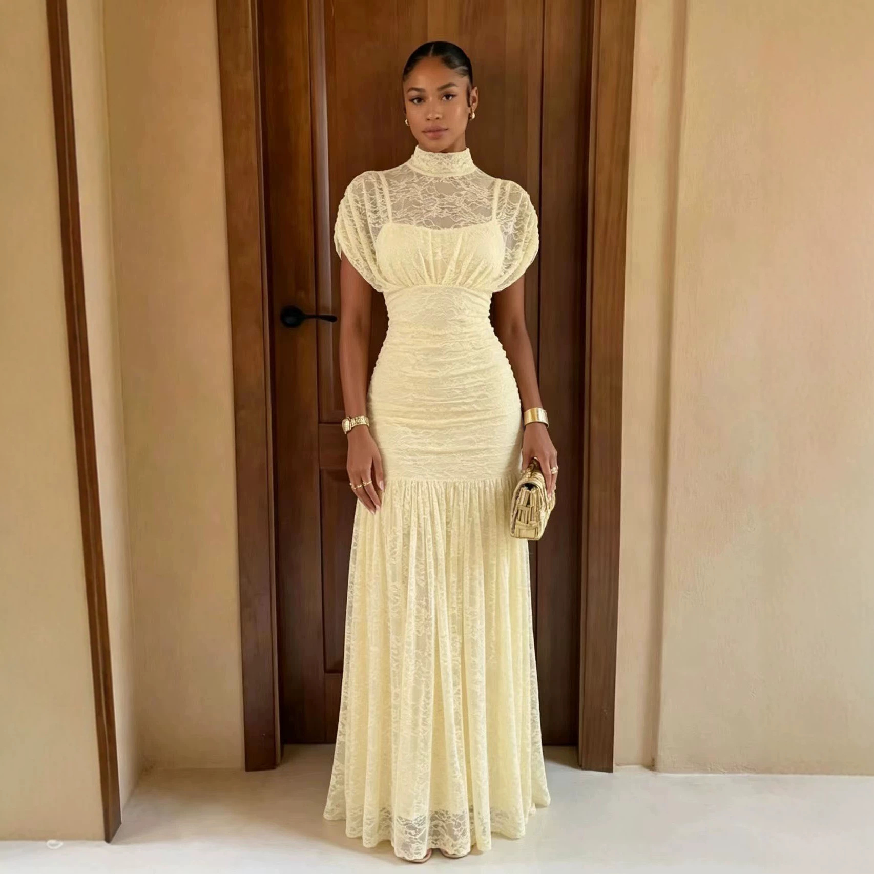 848W European and American cross-border women's 2026 new lace fishtail evening dress, pleated waist formal dress