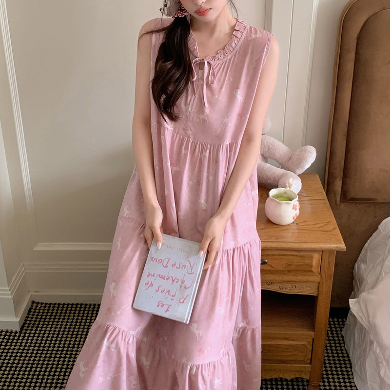 French-Style Gentle Cotton Silk Nightgown for Women, Summer Pink Sleeveless Ruffle Dress, Sweet and Youthful Long Dress, Cotton Silk Dress