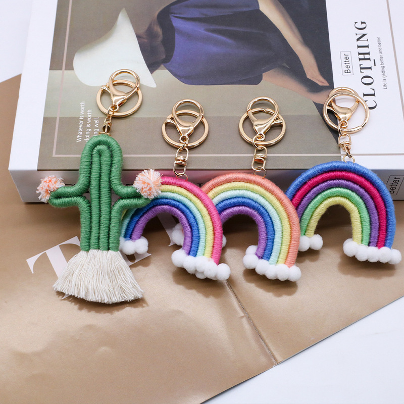 Scandinavian Style Hand-Woven Rainbow Keychain European and American Ins Hanging Car Interior Pendant Keychain Pendant in Stock Scandinavian Style Hand-Woven Rainbow Keychain European and American Ins Hanging Car Interior Pendant Keychain Pendant in Stock