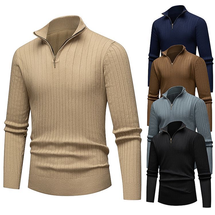 Suéter masculino primavera / otoño / invierno de manga larga cuello sólido hombre medio cremallera comercio exterior simple camisa de punto de color sólido casual