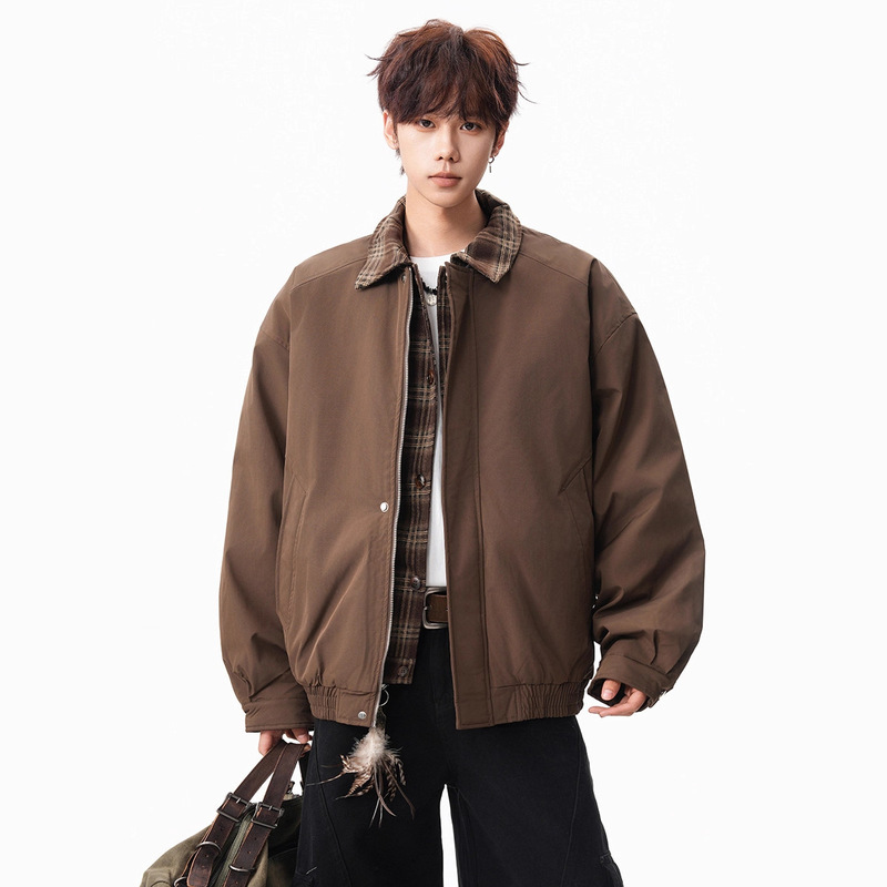 Trendy Brand Faux Two-Piece Plaid Cotton Jacket for Men, Winter Trendy Brand Loose Warm Turn-Down Collar Puffer Jacket, Stylish Cotton Jacket