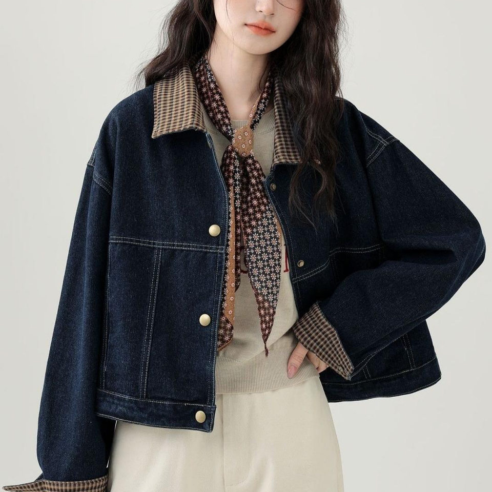 Áo khoác denim nữ ngắn phối caro cổ ve áo tay dài — màu xanh (chất lượng cao)