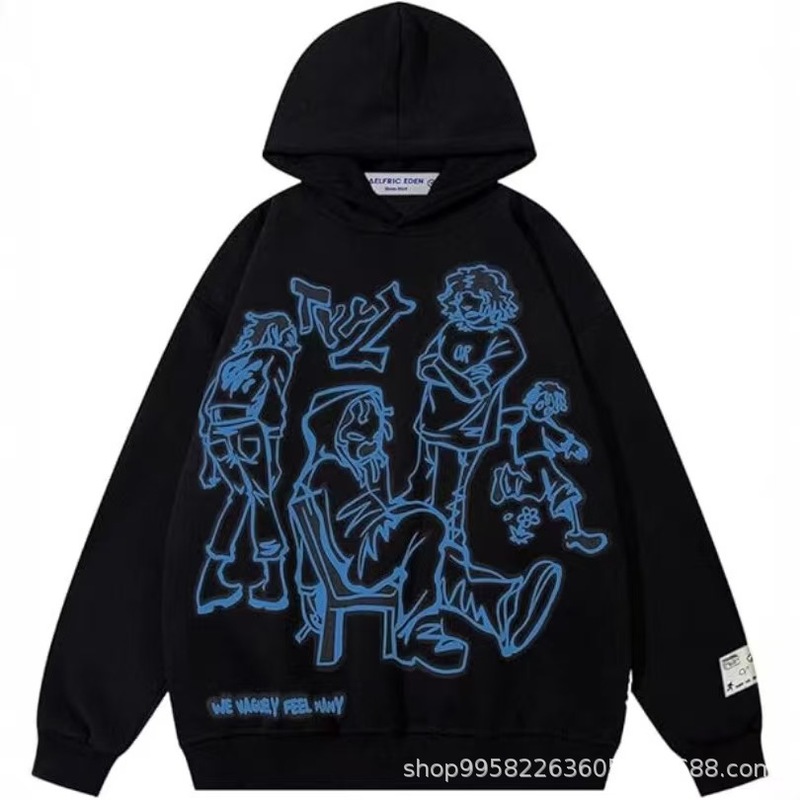ラインキャラクタープリントフード付きスウェットシャツボーイズハイストリートファッションブランドデザインニッチルーズ秋冬プルオーバーパーカー|undefined