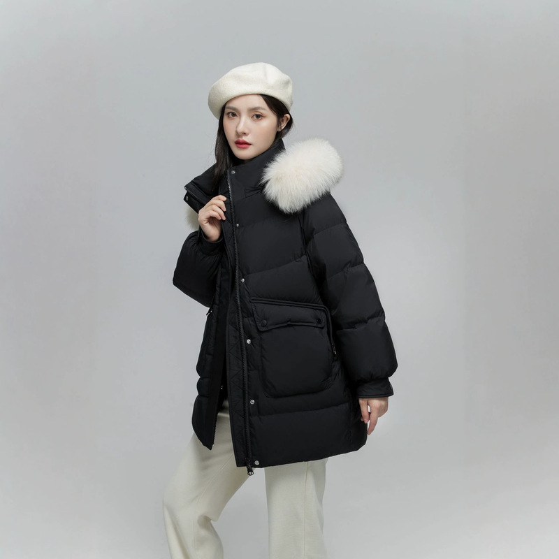 Women's Fox Fur Collar Winter Fashion Korean Style Large Pocket Mid-Length down Jacket with Hood, Thickened, Direct from Manufacturer