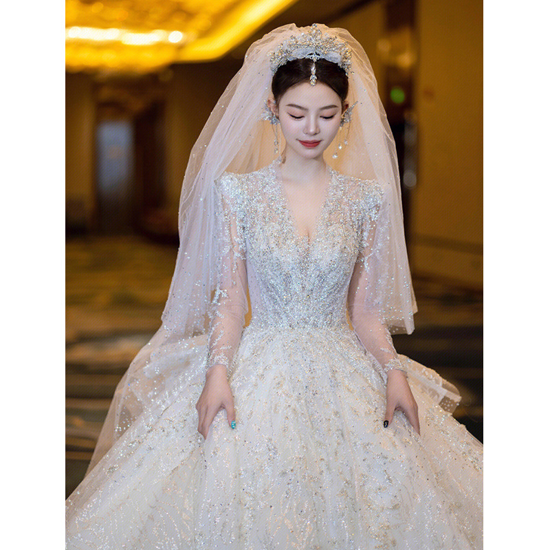 French v-neck wedding dress 2025 new bride heavy industry light…