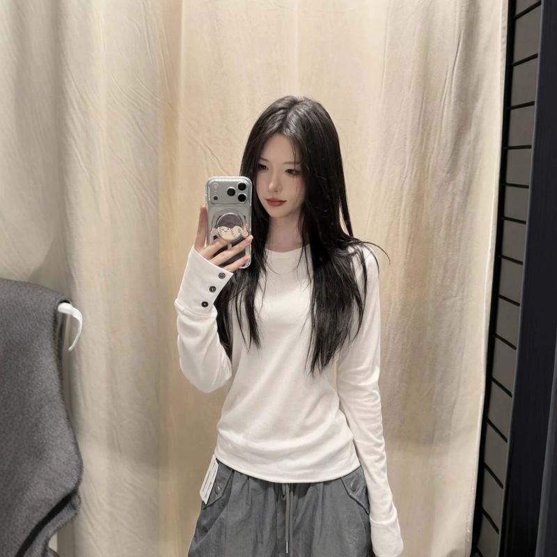 American-style basic white button-down long-sleeve T-shirt for women, new early autumn slim-fit base shirt top American-style basic white button-down long-sleeve T-shirt for women, new early autumn slim-fit base shirt top
