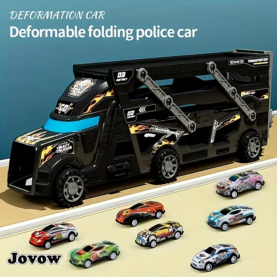 跨境变形弹射玩具车套装折叠运输大货车收纳回力合金车男孩玩具