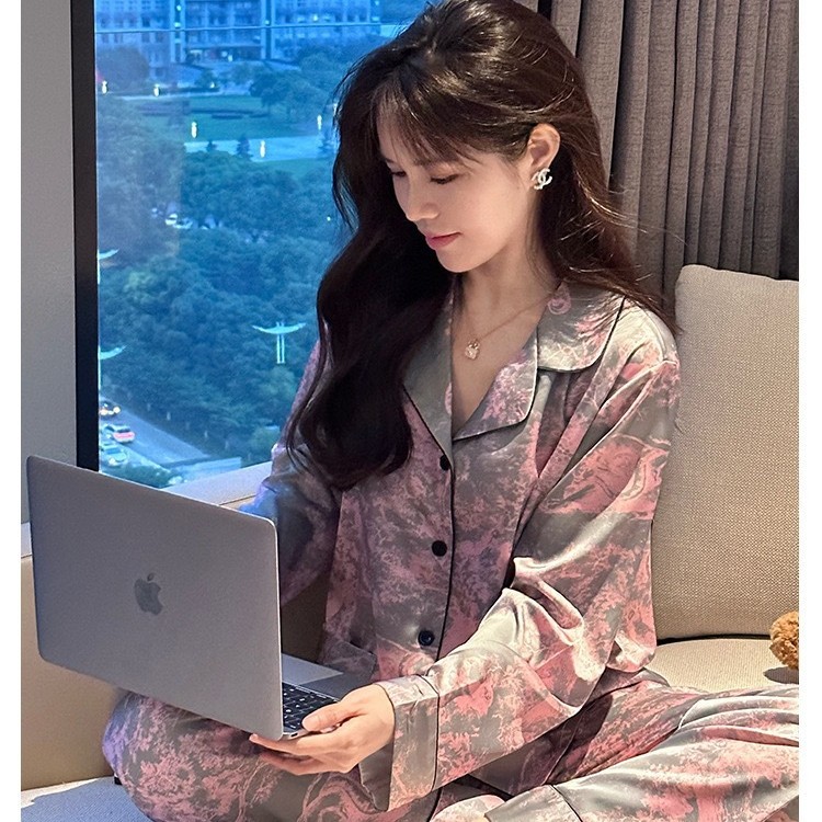 [Fan Fan's Same Style] High-End Internet Celebrity Ice Silk Pajamas for Women 2025 New High-End Printed Home Clothes Set Thin