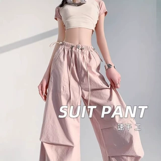 美式复古冰丝速干工装裤女2025年夏季薄款高腰宽松降落伞裤阔腿裤