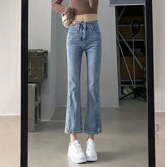 2026 Spring and Autumn New Style Split Hem Flared Jeans for Women, Petite High Waist Slimming Versatile Cropped Straight Flare Pants