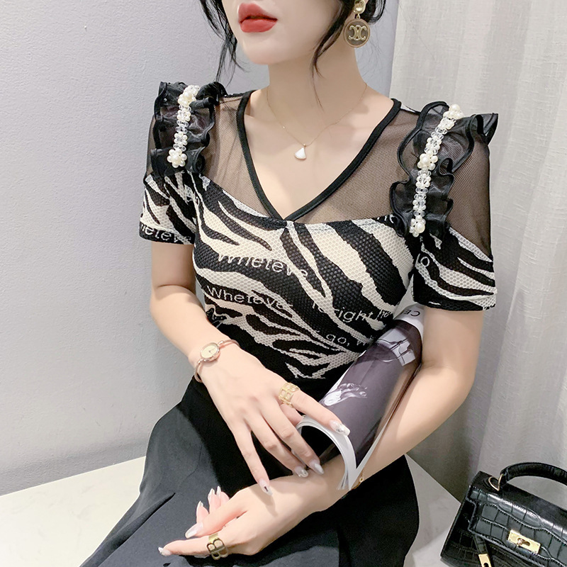 2025 Summer New Style Printed Zebra Design Sense V-Neck Fungus Lace Bead Fashion Shirt Short-Sleeved T-Shirt for Women