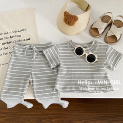女童夏款洋氣條紋短袖套裝女寶寶坑條上衣兒童微喇長褲兩件套童裝