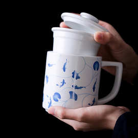 吾唯知足 莲鱼茶水分离泡茶杯办公杯德化陶瓷个人杯家用喝水杯批