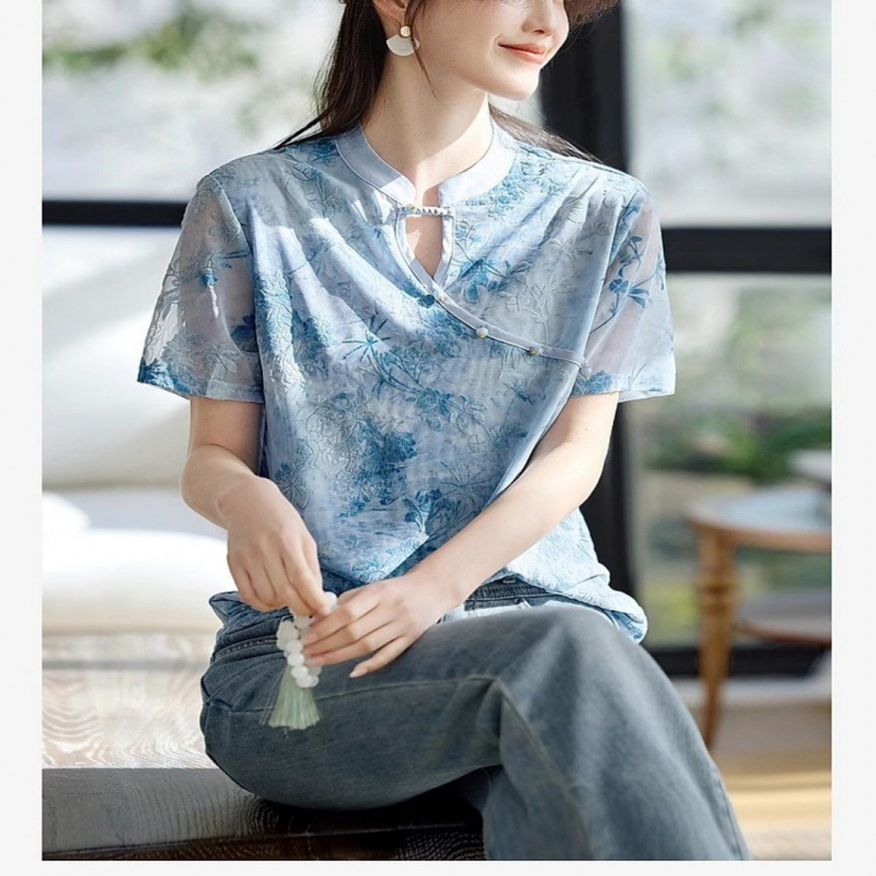 New Chinese-Style Gradient Mesh Stand-Collar Shirt for Women 2025 Summer New Chinese-Style Improved Blouse Trendy Top This Year