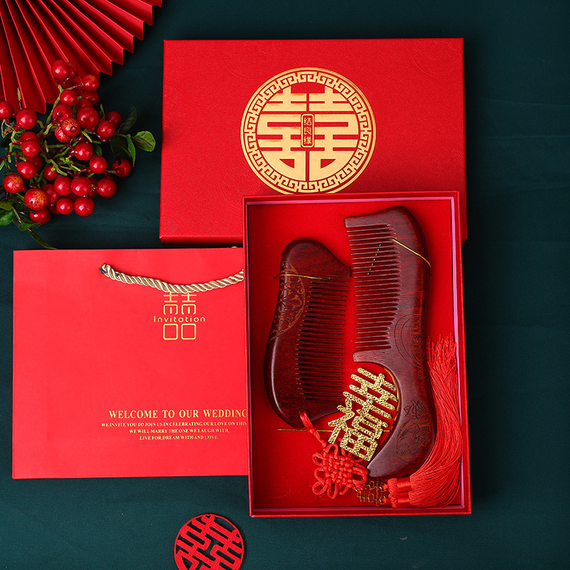 Tamaño Suministros de Boda boda peine de madera traje nueva pareja rojo festivo peine de madera boda femenina maquillaje pareja peine