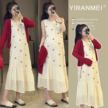 孕妇装2025夏季新款韩版气质网纱拼接刺绣吊带裙+防晒开衫套装潮