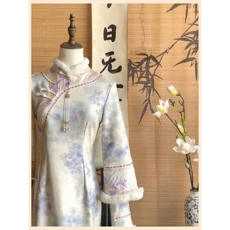【Muzhi Nansha】New Chinese-Style Improved Qipao with Thickened Large Sleeves, Slim Fit, Elegant and Cool National Style Dress