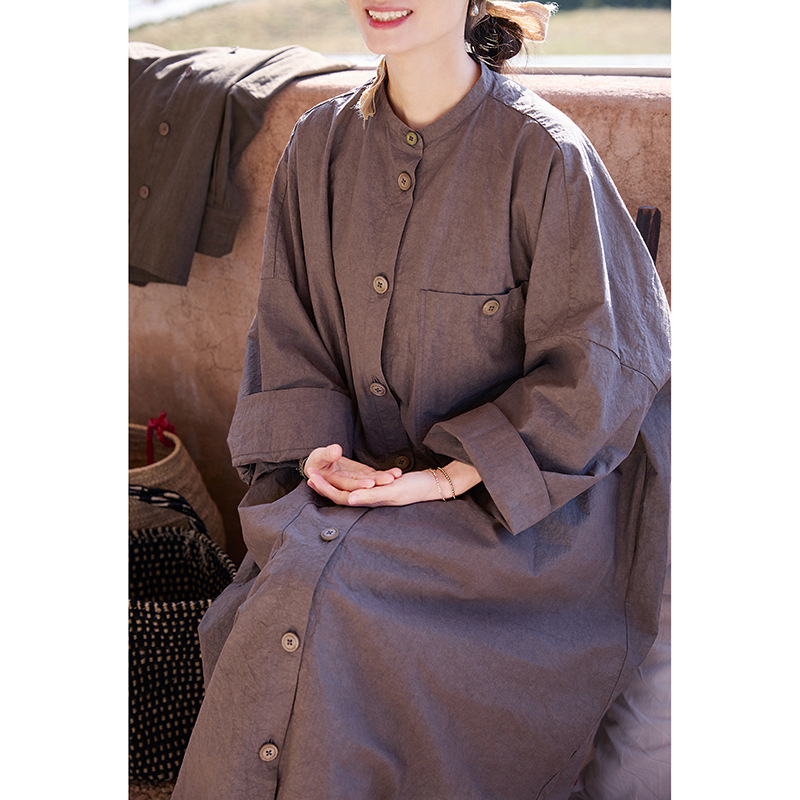 New Spring and Summer Literary Retro Original Dusk Gray Loose Large Size Slim Long Dress Robe
