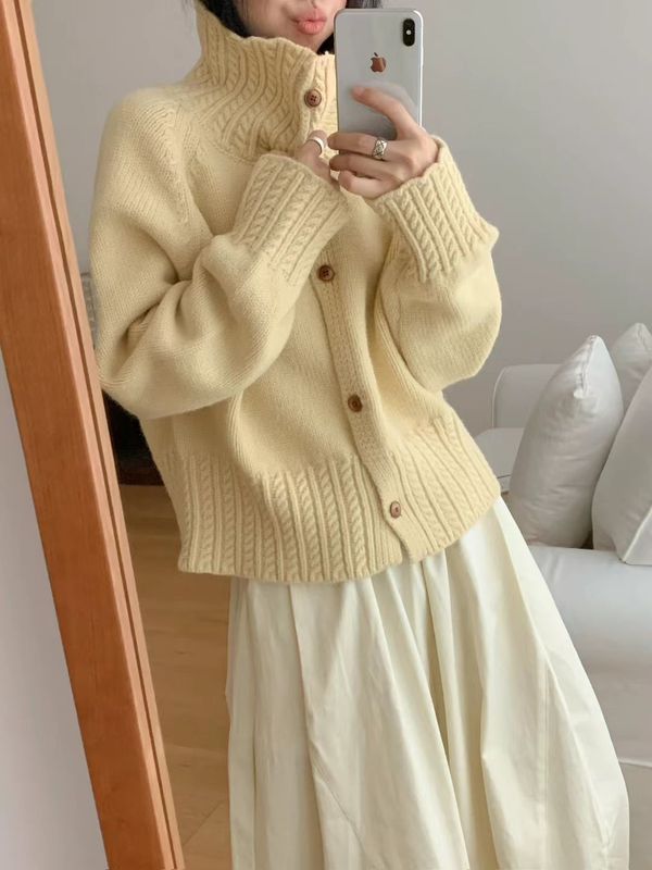 翻领毛衣设计感麻花针织外套女秋冬软糯纯色宽松休闲百搭开衫上衣|undefined