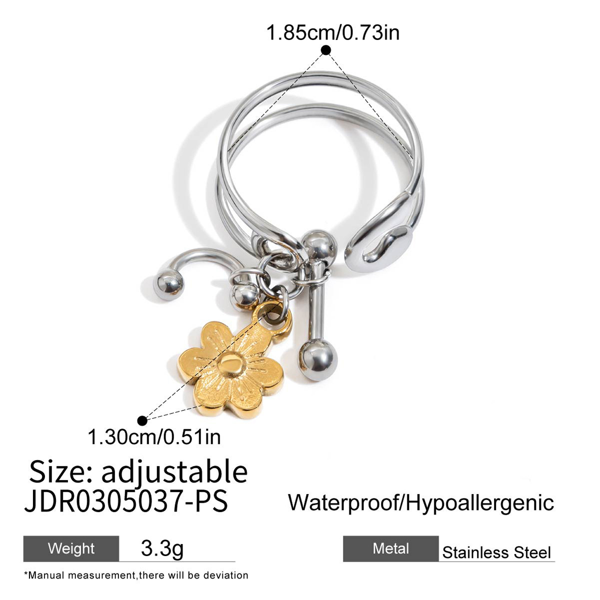 خاتم طبقتين مفتوح بتصميم مجوف من الفولاذ المقاوم للصدأ والذهب عيار 18K