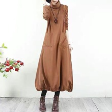 长袖连衣裙女2025春秋新款女装复古高领大码宽松显瘦中长款裙子