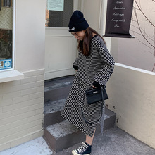 116#实拍【250克加绒加厚】条纹长袖连衣裙冬季韩版宽松显瘦过膝