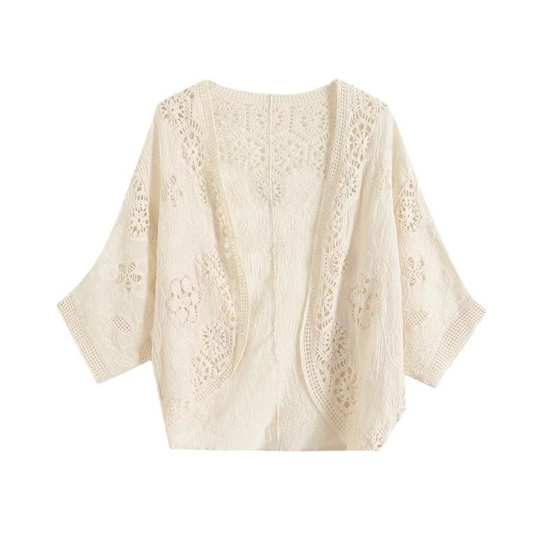 Retro industria pesada hueco gancho diseño sensación de vestir cardigan de punto de verano de mujeres temperamento superior bordado blusa image 4