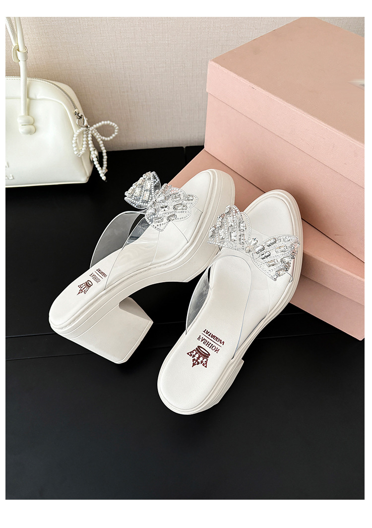 Dép sandal cao gót nữ quai ngang gót thô 10cm đính nơ đá lấp lánh — Màu hồng, Màu trắng be chi tiết 20