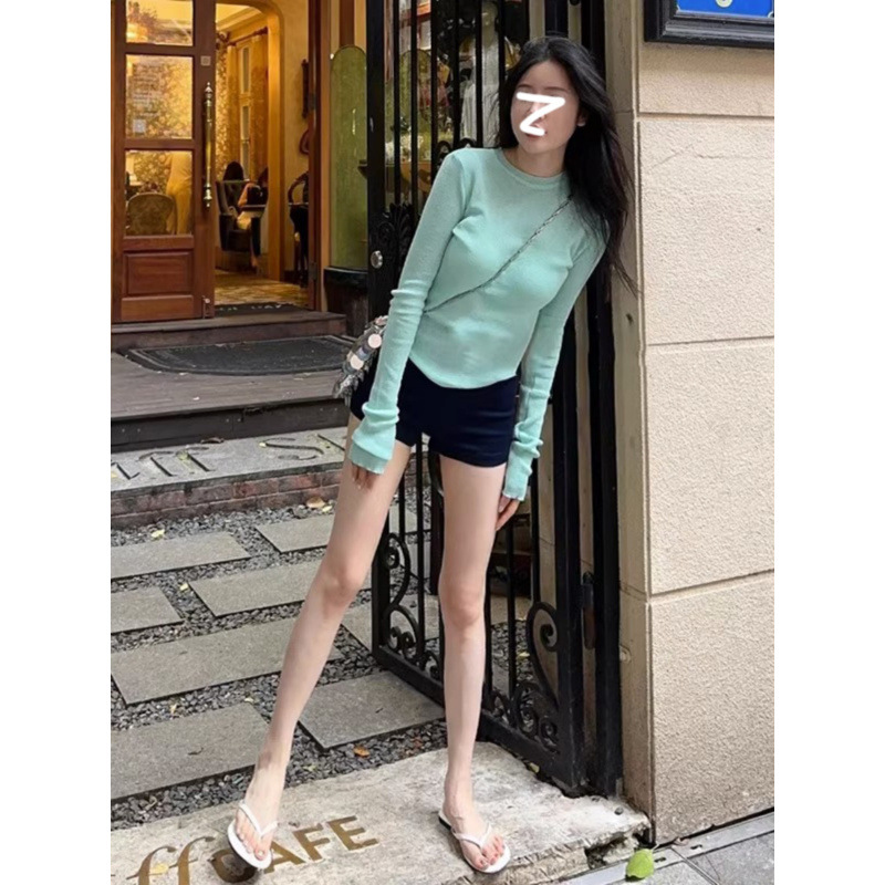2024韩国春秋新款少女心薄荷绿性感微透薄款针织衫长袖T恤女上衣