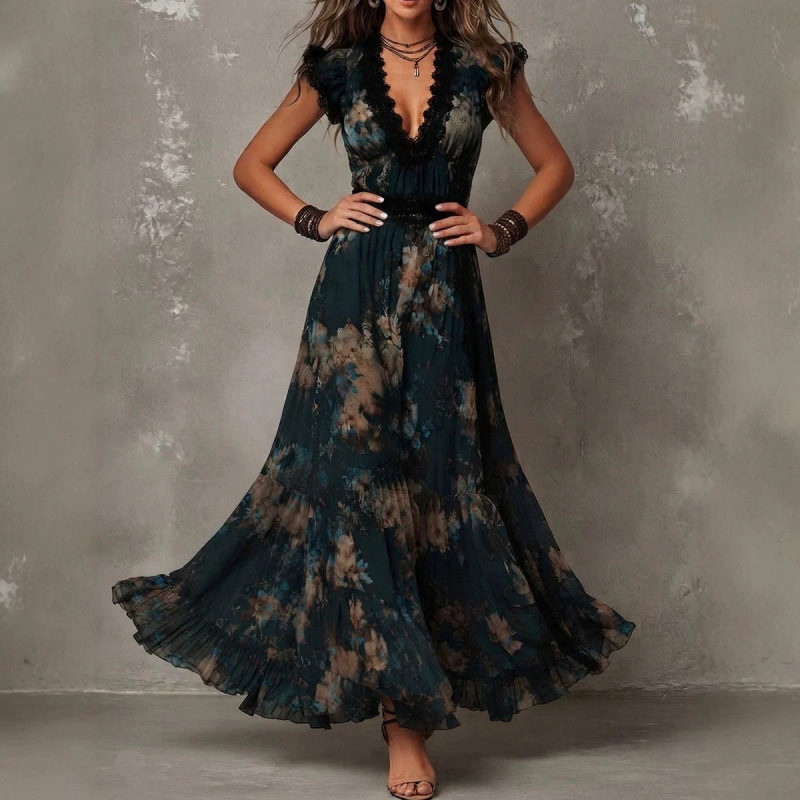 2026 Vintage Dark Green Floral Lace Dress with Flutter Sleeves, Waist-Cinching, Large Hem, Chiffon, Long Vacation Dress
