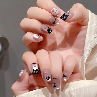[30 pieces] White Crescent Wearing Armor ins White Student Short Cute Black Cat Cat Eye Manicure False Nails