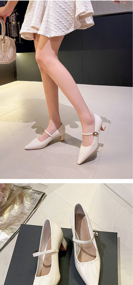 Giày cao gót nữ mũi vuông da mềm nhún quai ngang gót vuông trung bình — Màu trắng ngà, Màu đỏ rượu, màu đen chi tiết 7