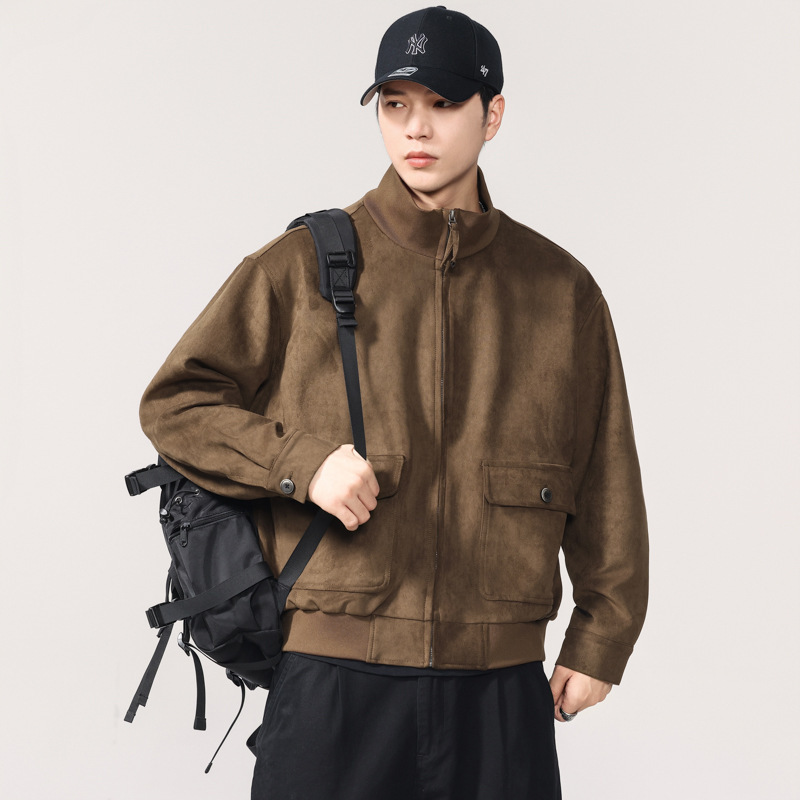 American-style heavy vintage suede jacket for men, 2026 autumn and winter, Maillard loose-fitting biker stand-up collar work jacket