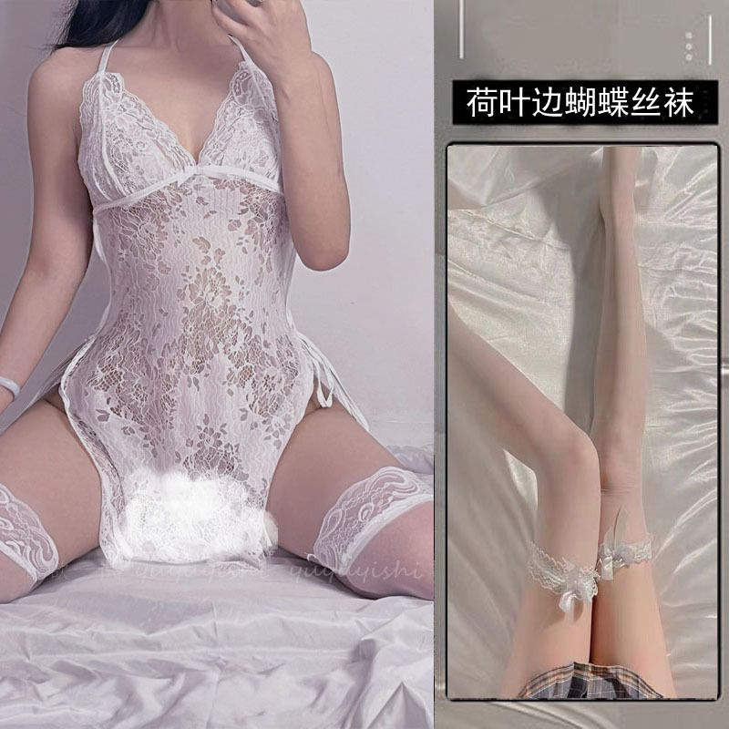 + 흰색 나비 레이스 스타킹
