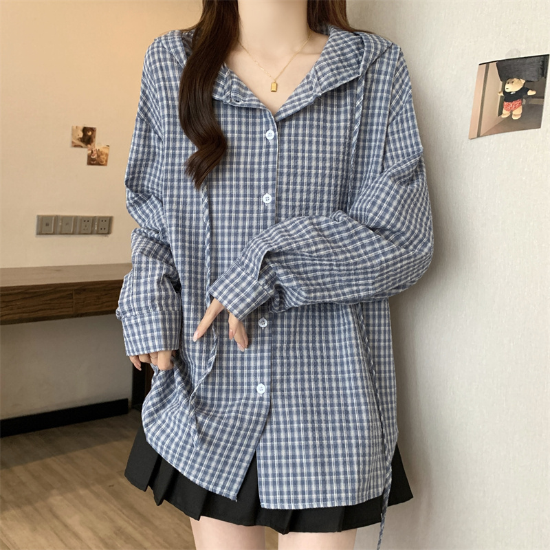 藏蓝色连帽格子长袖衬衫女2025秋季大码胖mm慵懒风宽松超好看上衣|undefined