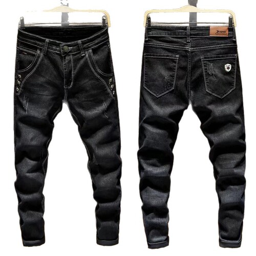 Black denim pants for men, summer slim-fit, spring and autumn skinny pants—men's thin, casual, stretchy, Korean-style trendy trousers.