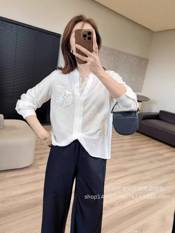 琪镌绘制秋季时尚衬衫2025新款天丝亚麻拼接蕾丝女宽松小衫25317|undefined
