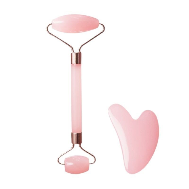 Placa de masaje de cristal de polvo en forma de corazón, masaje de rodillos de doble cabeza, masaje de lágrimas de jade, masaje facial conjunto de belleza