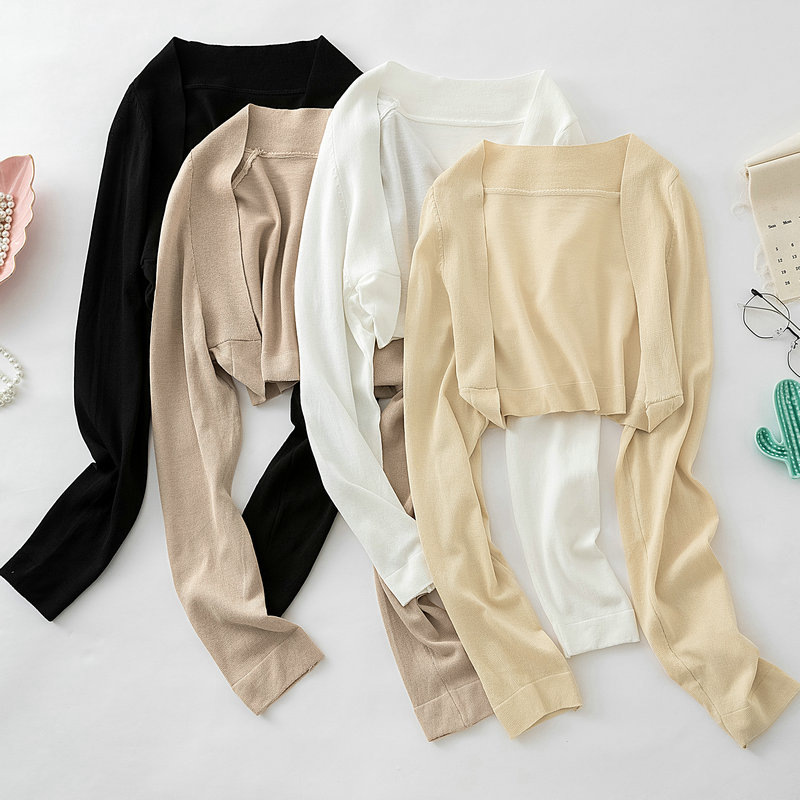 Camisa de protección solar de seda de hielo ultra corta de verano Chaqueta de punto de mujer con falda de correa chal ropa exterior manga larga chaleco pequeño Delgado