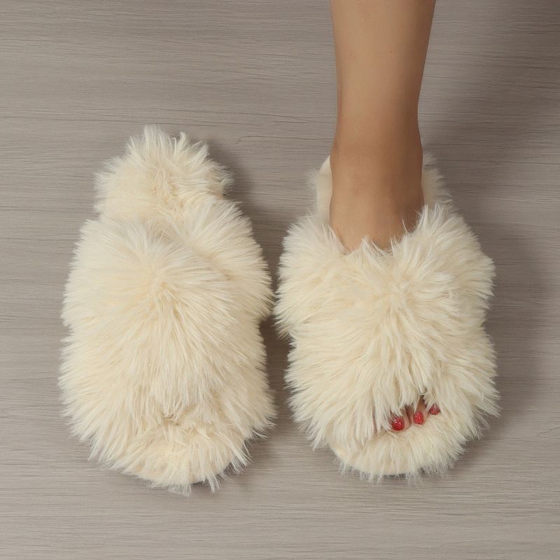 Fairy Style Long Plush Slippers for Women's Outer Wear Autum New Plush Air-Conditioned Room Lazy One-Word Cross Cotton Slippers