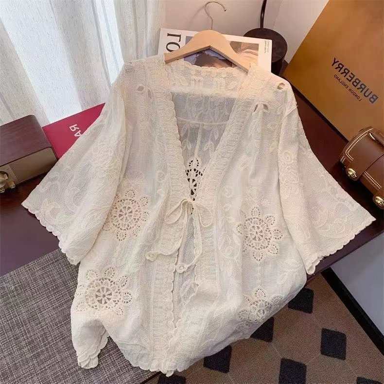 New Chinese Style National Style Crochet Hollow Shirt Jacket Women's Summer Large Size Buddhist Zen Mid-Length Outer Cardigan