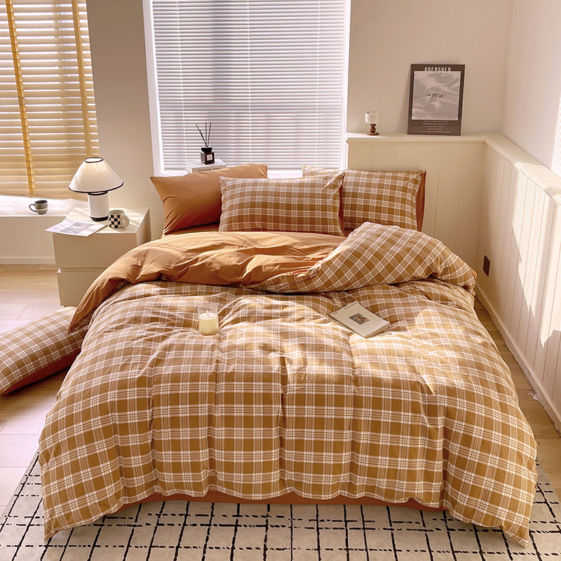 Juego de tres piezas de algodón lavado teñido en hilo, dormitorio de estudiantes universitarios, juego de literas, sábana, sábana, sábana, juego de cuatro piezas