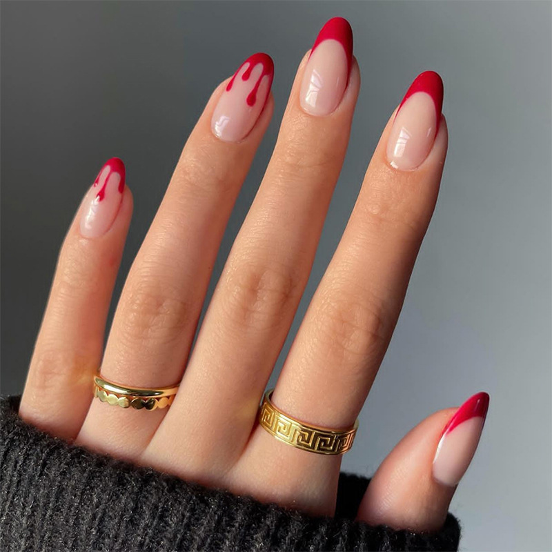 Halloween Style Wearable Nails Almond-Shaped Red French Edge Blood Drop Blood Simple Style Wearable Nails Finished Product