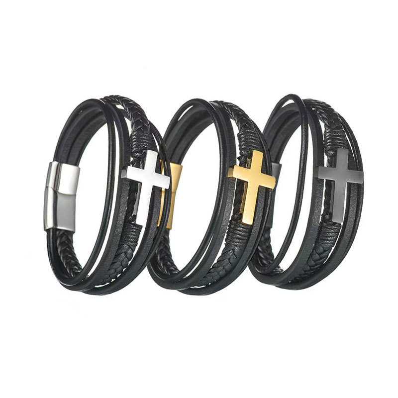 Cross-border Hot Punk Cross Leather Bracelet Men's Multi-layer Handmade Woven Rope Magnet Buckle Bracelet Jewelry