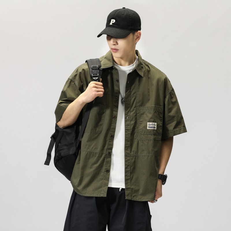 American Retro Large Size Fat Man Work Shirt Men's Short-Sleeved Loose Summer Half-Sleeved Fat Shirt