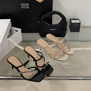 2025 Summer Fashion Open-Toe Women's Shoes Royal Sister Style Square-Toe Satin Sandals European and American Style Rhinestone Thin Strap High Heels