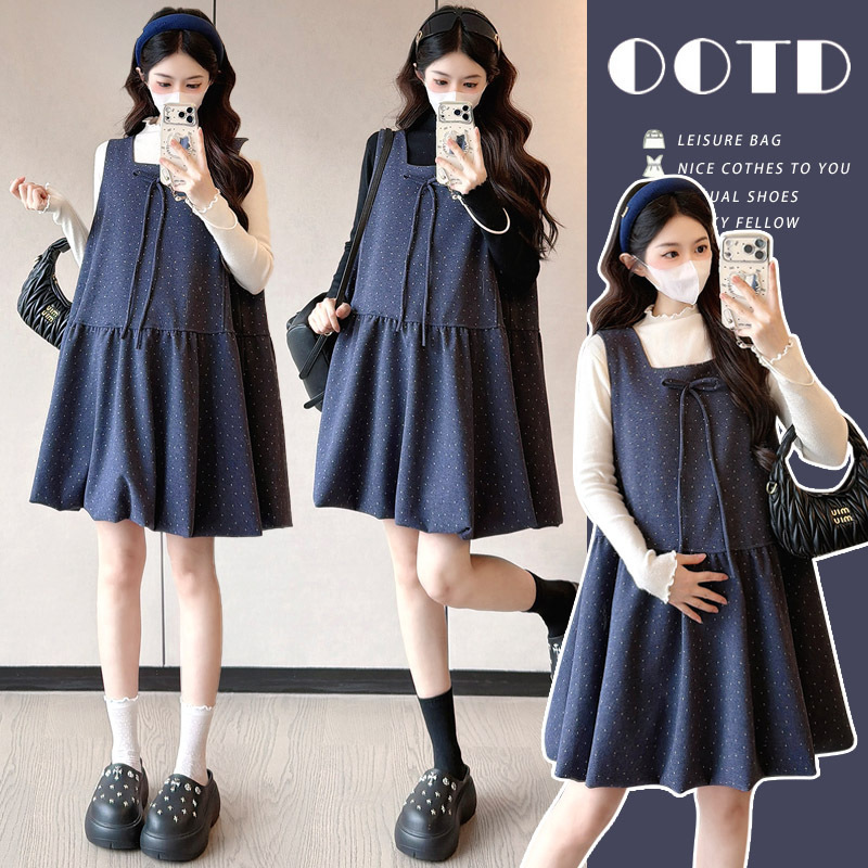 Real Shot~ Pregnant Women's Navy Blue Polka Dot Dress Suit for Women, Autumn and Winter Long-Sleeved Inner Wear + Age Reduction, Slimming Look Two-Piece Set Real Shot~ Pregnant Women's Navy Blue Polka Dot Dress Suit for Women, Autumn and Winter Long-Sleeved Inner Wear + Age Reduction, Slimming Look Two-Piece Set